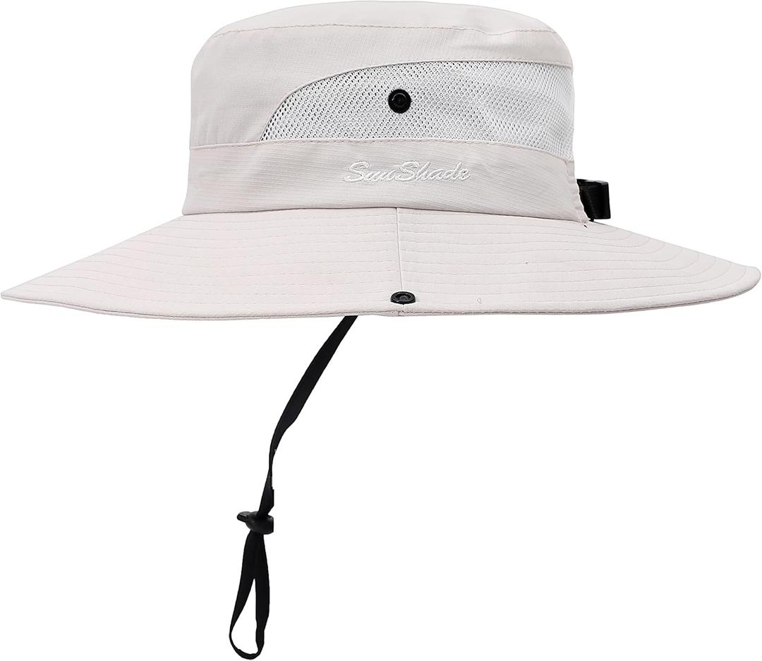Womens Summer Sun Hat Beach Hat Wide Brim Outdoor UV Protection Hat Foldable Cool Mesh Ponytail Bucket Hat (6-7, Beige)