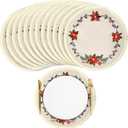 12 Pcs Round Christmas Placemats 15 inch Embroidered Poinsettia Flower Christmas Table Mats Faux Burlap Fabric Placemat with Tassels for Dinner Table Decor Holiday Party Decoration