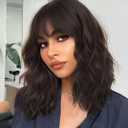 AISI HAIR Natural Brown Synthetic Curly Wavy Bob Wig with Bangs for Women, 21-23 Inches