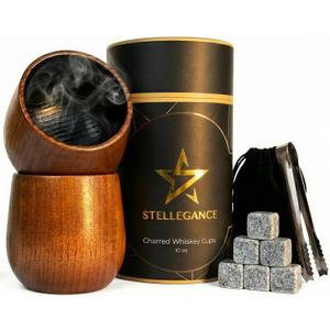 10oz Charred Wooden Bourbon Drinking Glass Set of 2 - Artisan Wooden Whiskey Tumbler Gift Set with Whiskey Stones, Tongs - Unique Bourbon Gifts for Men, Dad, Husband - Charred Wooden Whiskey Glass Cup