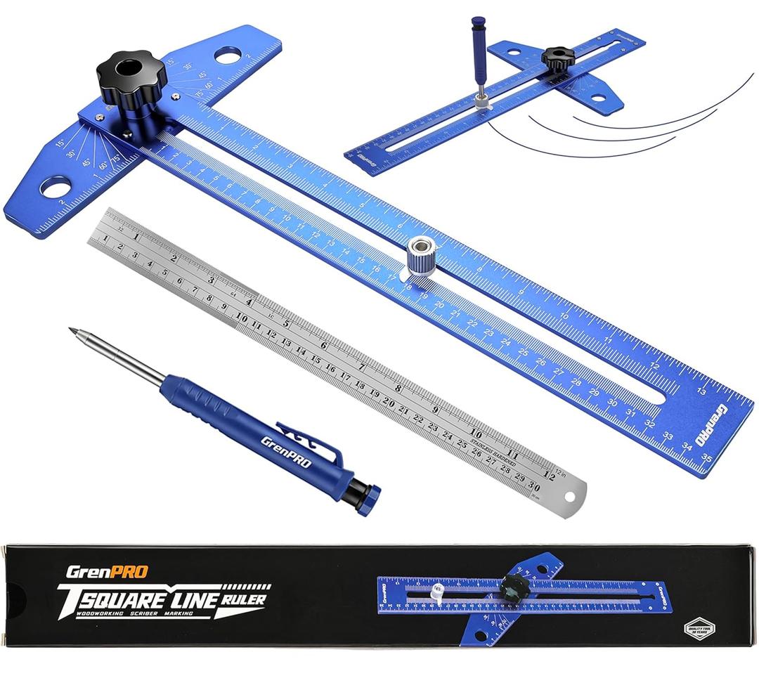 Woodworking Scriber Marking Line Ruler with Carpenter Pencil & Metal Ruler, Adjustable Aluminum Alloy Sliding T-Square Ruler, Measuring Angle Finder with Adjustment Scale, Drawing Aid Rule tool