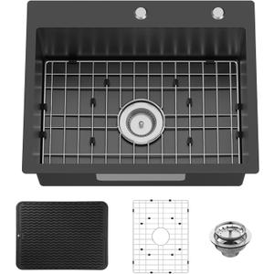 Black 23x18 Inch Drop In Kitchen Sink-Stainless Steel Single Bowl Topmount Kitchen Sink Stylish And Modern Look With Bottom Grid,Silicon Mat And Drain Assembly Add Elegance & Enhance Usability