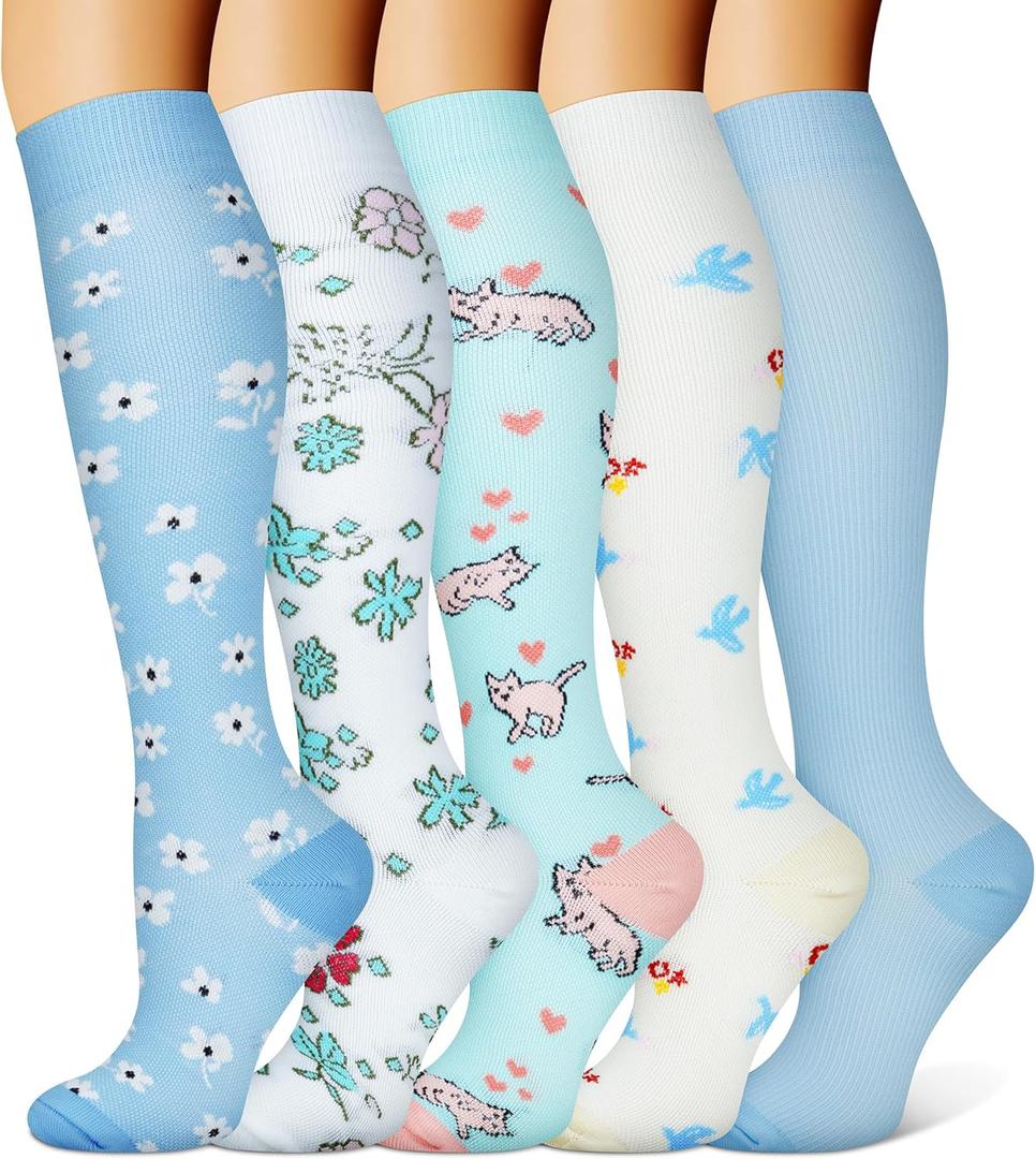 FEYHAY Copper Compression Socks (5 Pairs) 15-20 mmHg Circulation is Best Athletic & Daily for Men & Women, Running, Climbing (Small-Medium, 04 Flowers/Cat)