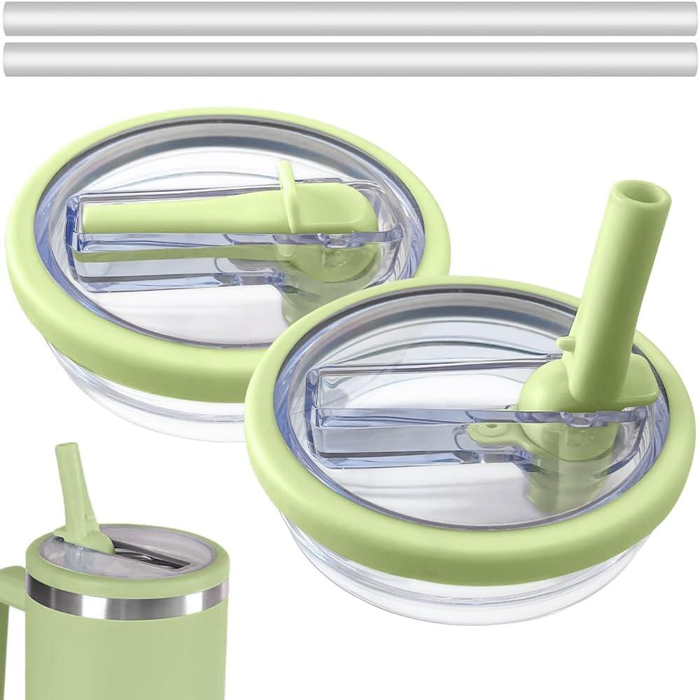 2 Pack Flip Straw Leak Proof Lid for Stanley 40 oz Tumbler Quencher - 40oz Reusable Spill Proof Lid Top Cover Stanley Cup Accessories - Replacement of Leaking Original Stanley Lids - Green
