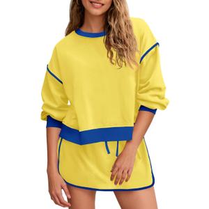 Fisoew Womens Sweatsuits 2 Piece Set Crewneck Sweatshirts High Waisted Skort Skirts Tennis Running Tracksuits Shorts Sets