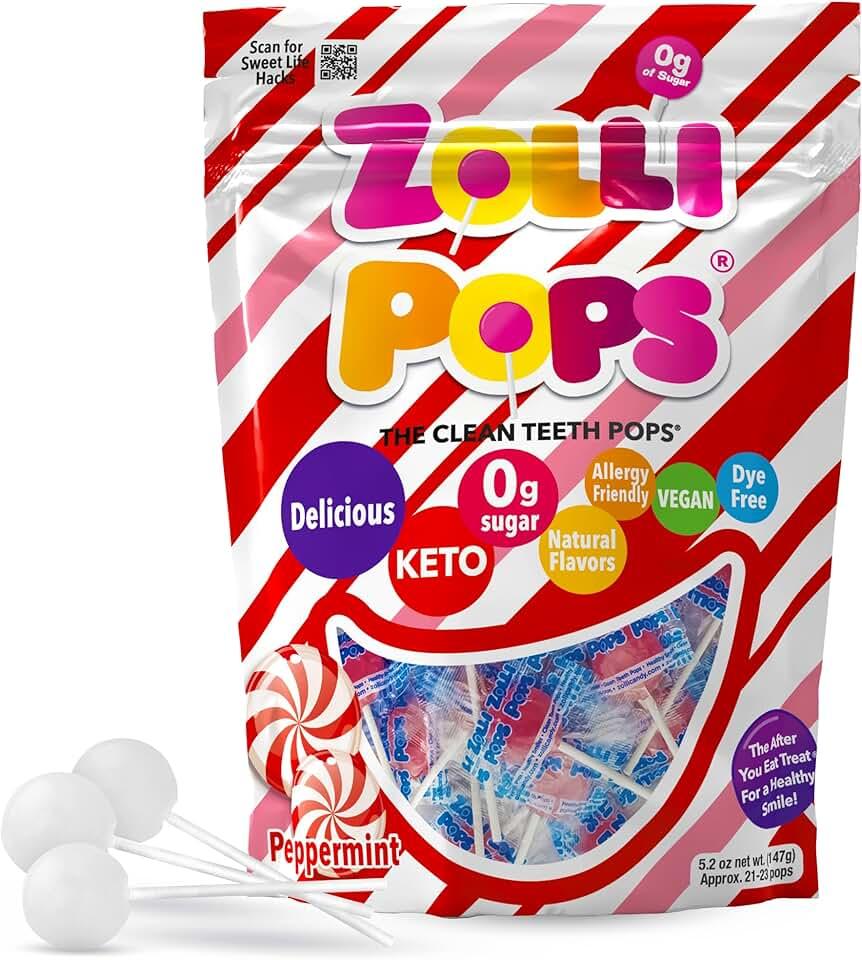 Zollipops Clean Teeth Pops Sugar Free Candy`, Dye-Free Lollipops - Keto & Diabetic-Friendly, Dentist-Approved Treats for Kids (Peppermint 5.2 oz) BB 04/28