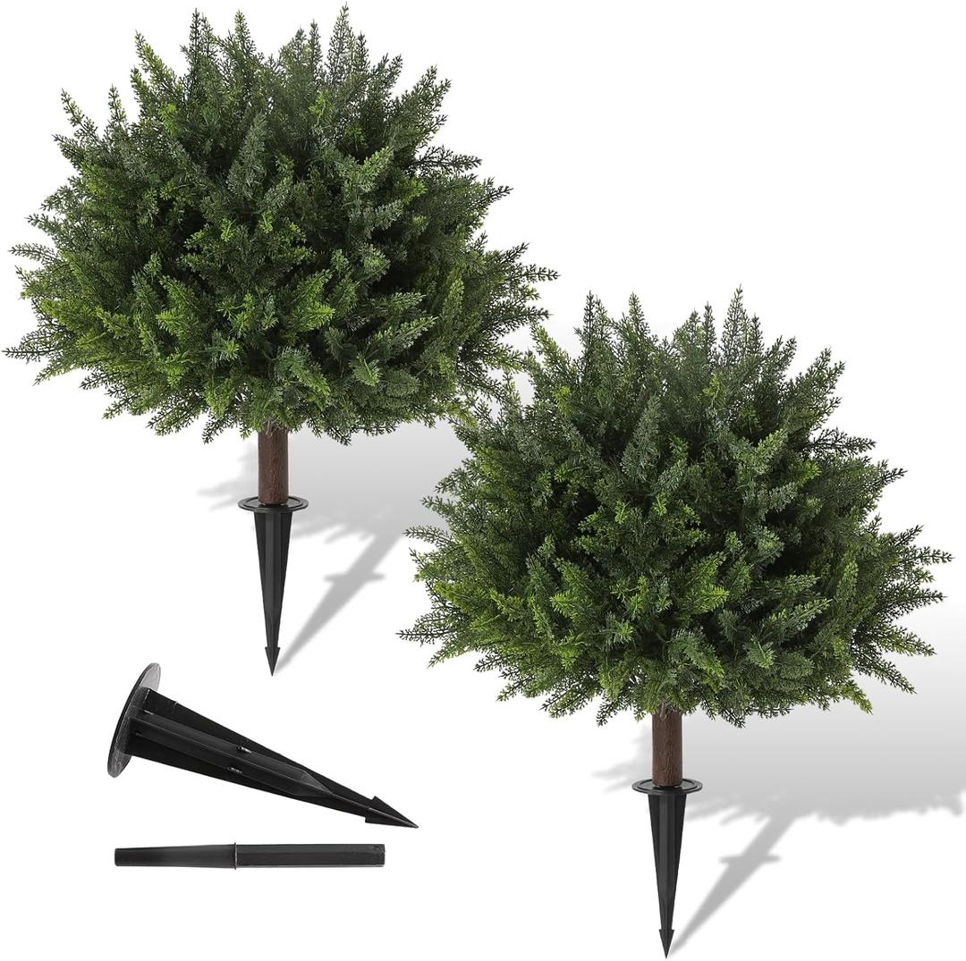 Pertivery 2 Pack Artificial Cedar Topiary, 23.6Inch UV Resistant Artificial Shrubs, with Ground Spikes, Indoor and Outdoor Fake Evergreen Tree for Porch, Garden, Front Door Decoration