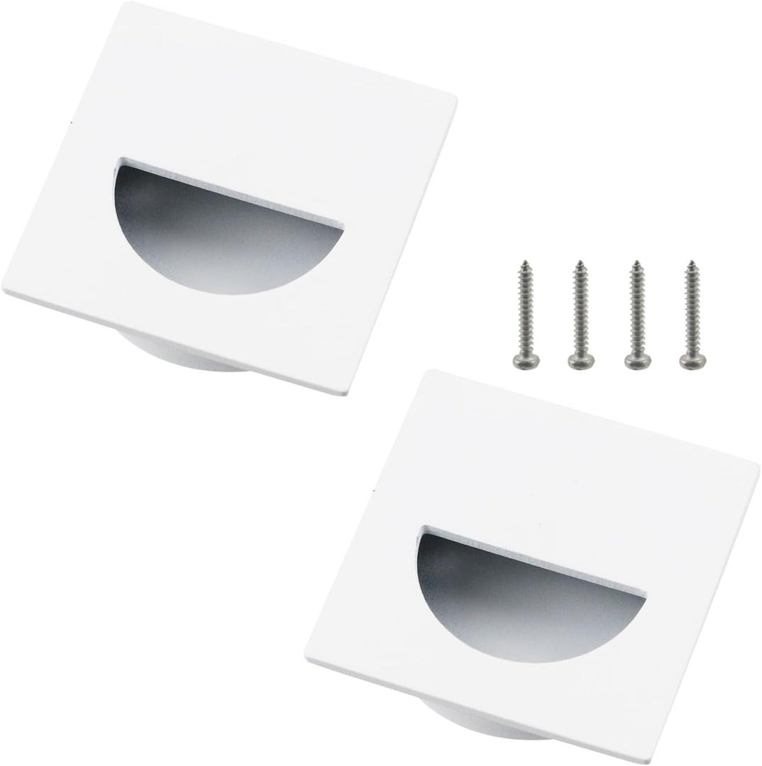 Geesatis Square Recessed Sliding Closet Door Finger Flush Pulls,Pocket Door Handles,Outter Diameter 1.6X1.6inch,Barn Door Handles,Drawer Pulls(White,2 Pack)