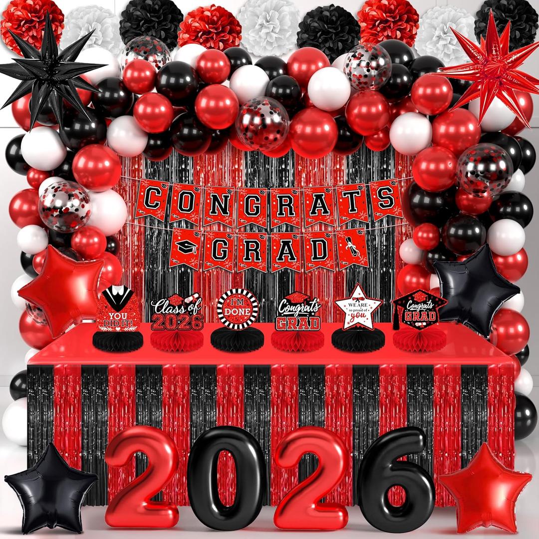 TREWAVE 2026 Graduation Red and Black Party Decorations - 104 Pcs Class of 2026 Graduation Decorations Include Foil Fringe Curtains and Tinsel Table Skirts for High School College Grad Celebrations