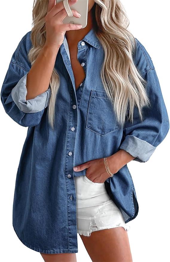 Womens Button Down Denim Shirts Fall Lapel V Neck Lightweight Oversized Long Sleeve Thin Casual Blouse Tops Pocket XL