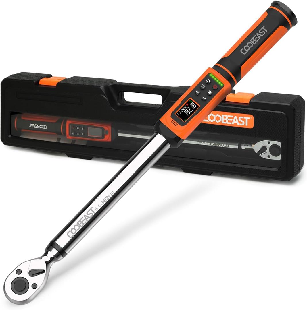 Digital Torque Wrench, 1/2 Drive Electronic Torque Screwdriver with Preset Value(3.76-250.8 Ft.lbs./5.1-340Nm), Buzzer and LED Flash Five Units of Measure Torque Wrench for Motorcycle, Auto Repair