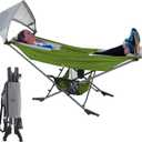 Portable Hammock with Stand, World's Best Mock ONE Hammock, Compact Folding Framed Hammock with Adjustable Sunshade Canopy for Park, Backyard, Garden, Camping, Hiking, Mountaineering, Beaches- Green
