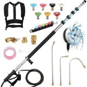 24FT Telescoping Pressure Washer Extension Wand, 4000PSI High Reach Power Washer Wand with Rotary Brush, 7 Nozzles & M22 Adapters, Gutter Cleaning Tool for Second Story Window Patio Garden
