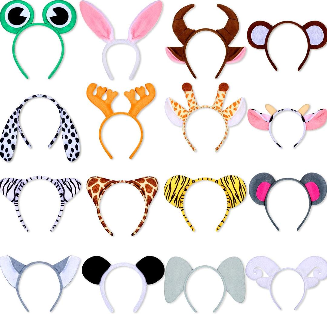 WILLBOND 16 Pieces Animal Headbands Jungle Safari Party Favors Wild One Birthday Decorations Zoo Animal Ear Headbands for Kids Halloween Costume Cosplay Photo Booth Props Party Supplies