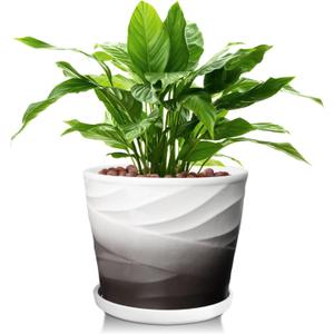 8 Inch Plant Pot, Ceramic Planter, Plant Pot with Drainage Hole and Saucer, Large Outdoor Flower Pots, Indoor Modern Elegant Decorative Planter(Dark Gray+White)