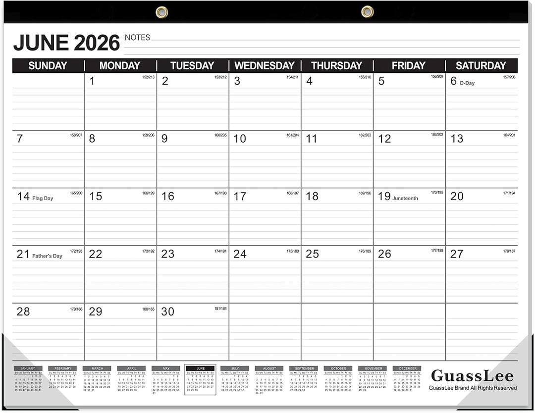 GuassLee Large Desk Calendar 2026-2027,19 Months from Jun. 2026 to Dec. 2027, 22 x 17 Inches Desktop Wall Calendar Hanging Planner with Julian Date, Notes, Corner Protectors for School Home Office