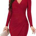 ihot Women's Glitter Party Dresses Sexy V Neck Long Sleeve Faux Wrap Ruched Bodycon Sparkly Night Club Dress, Large 