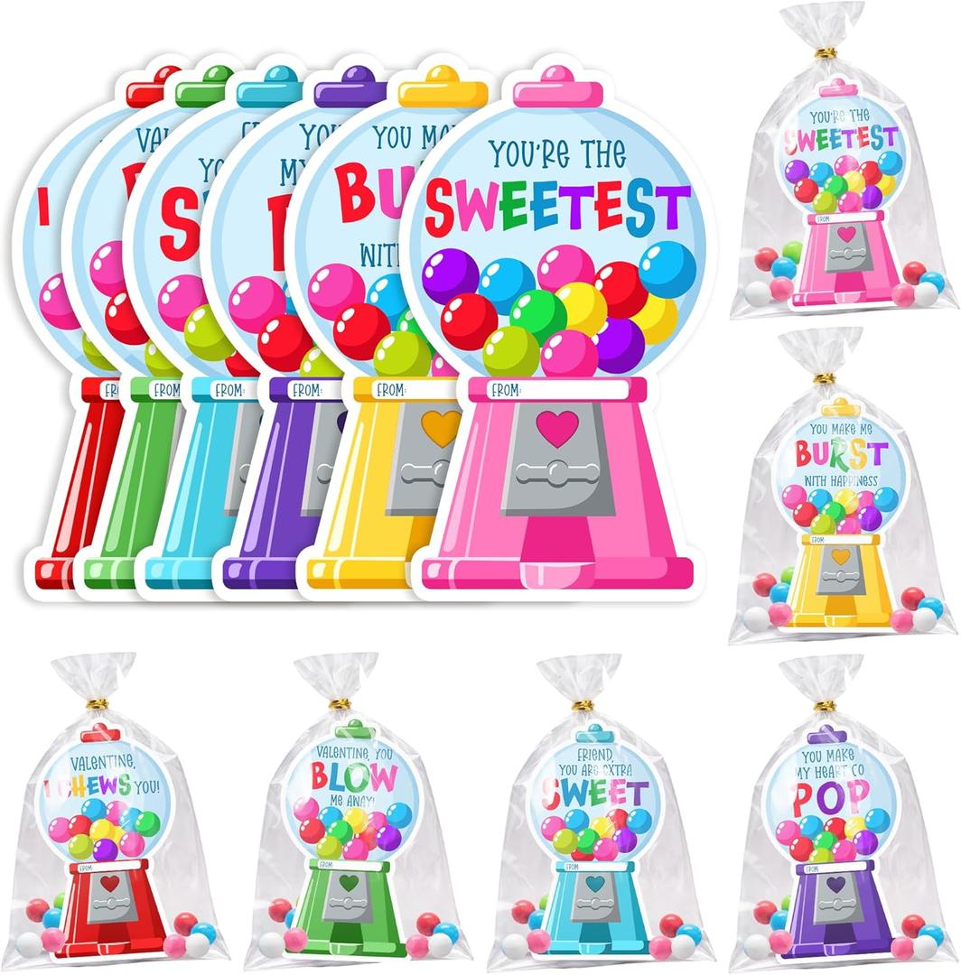 3 x Gumball Valentines Cards - 36 Packs Gumball Machine DIY Valentine's Day Cards Exchange for Kids School, Boys, Girls, Toddlers, Party Favors - 3.2''x 4.7'' 6 Card Designs (Candy Not Included)