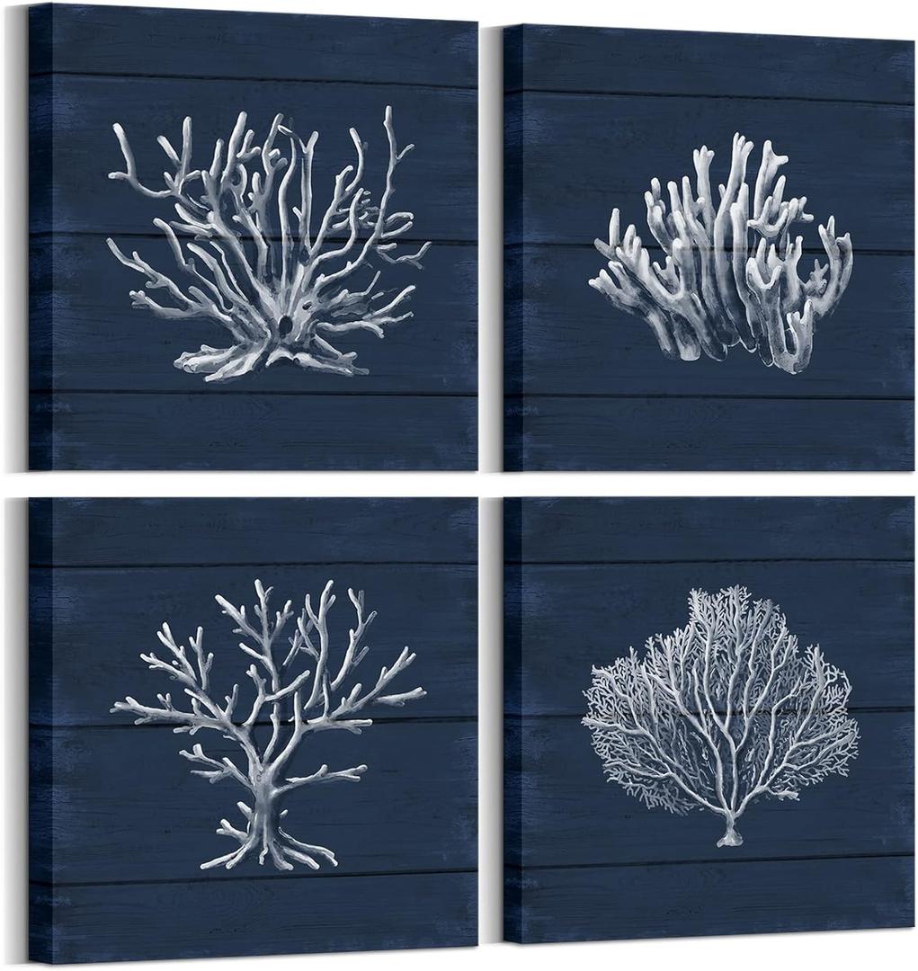 HOMEOART Coral Canvas Wall Art Prints Ocean Navy Blue Coastal Artwork Beach Home Decor Picture Framed Ready to Hang 12"x12"x4 Pieces