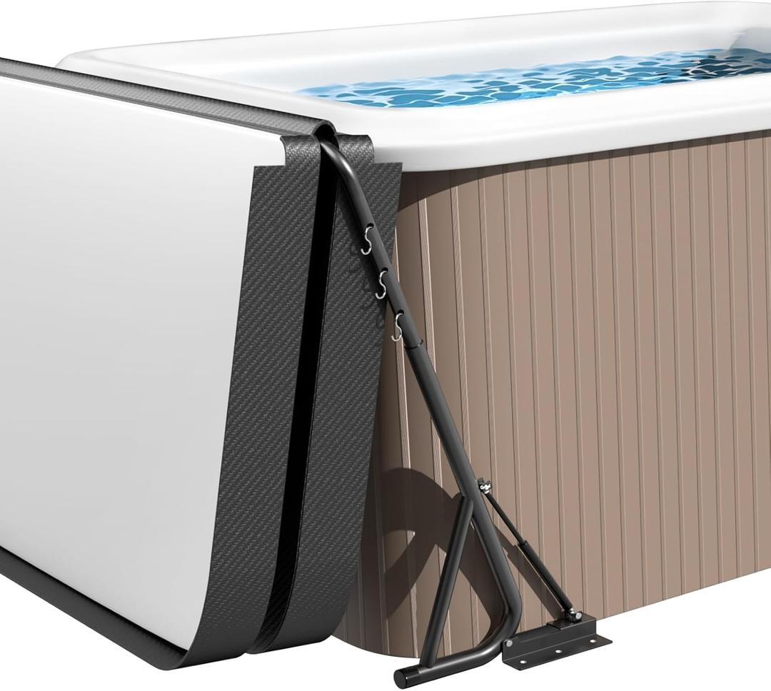 Utheer Hydraulic Hot Tub Cover Lift, No-Drill Heavy Duty Floor Stand | Set beside your spa without drilling; open the heavy cover solo, hang towels on 6 hooks, and step in sooner