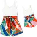 PATPAT Mom and Daughter Matching Jumpsuits - Black Tank Top with Floral Wide-Leg Shorts S