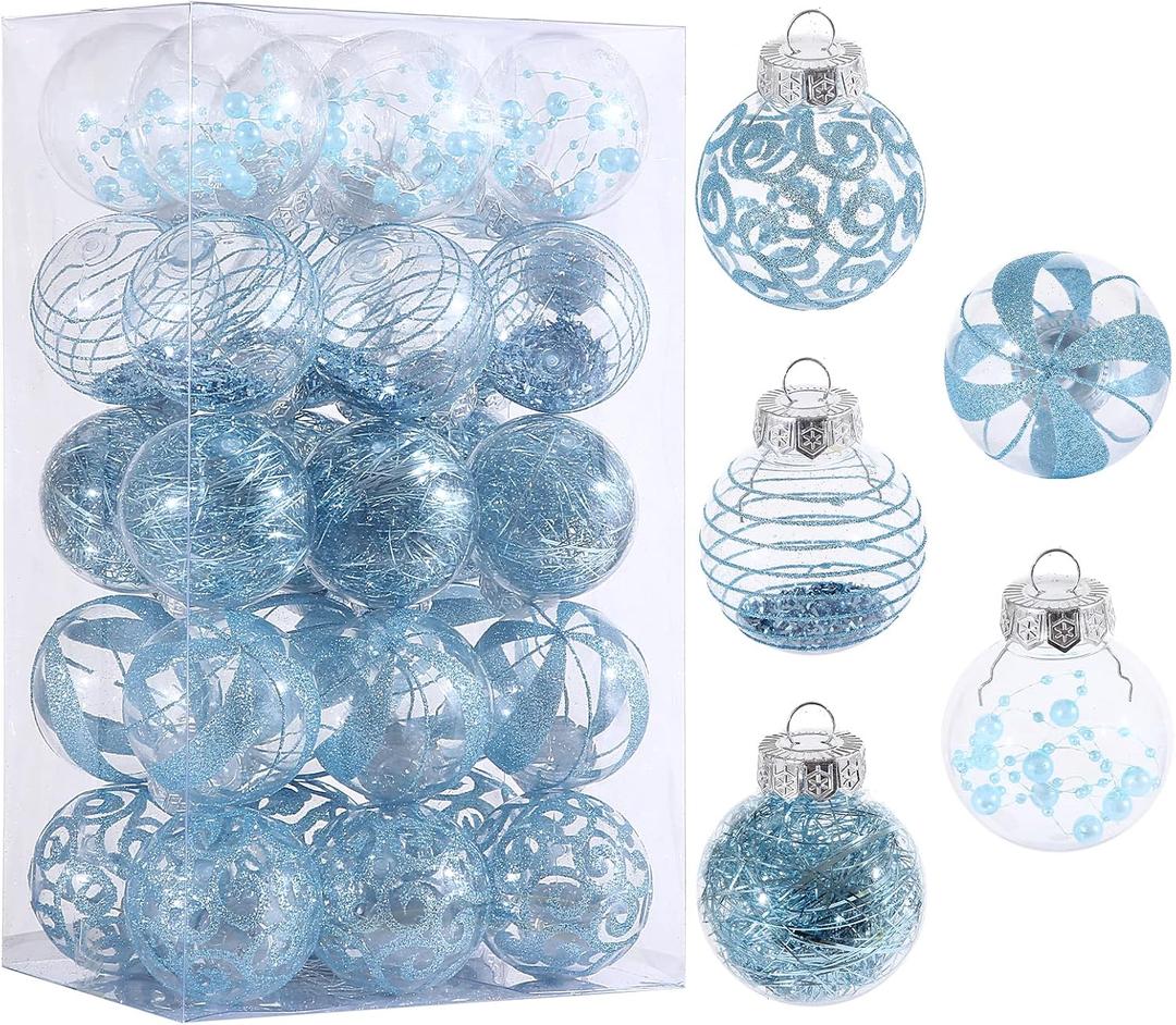 60MM/2.36" Christmas Ornaments Set, 30pcs Clear Christmas Ornaments Blue Shatterproof Decorative Baubles for Xmas Tree Decorations Crystal Ornament Balls for Wedding Holiday Party Indoor Outdoor Decor