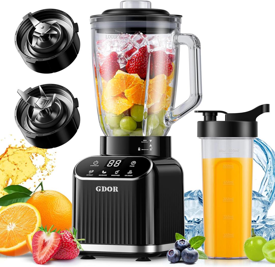 GDOR Professional Blender for Smoothies, 5 Functions, 1200 Peak Watts Smoothie Blender, 52 Oz Glass Jar & 24 Oz To-Go Cup Combo, Ice Crushing & Frozen Fruit, Self-Cleaning, Black