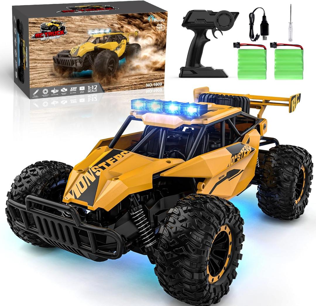 BLUEJAY Remote Control Car for Boys, RC Cars, 1:12 Monster RC Truck Off Road with LED Headlight and Rechargeable Battery Gifts for Adults Boys 8-12 (Matt Yellow)