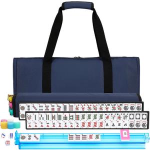 American Mahjong Tile Set,166 White Tiles Mahjong Set,4 Colors Mahjong Racks,Travel Mahjong Set with Blue Carrying Bag