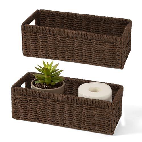 Maqauai Paper Rope Wicker Storage Baskets with Handles, 2 Pack Foldable Storage Basket, Rectangle Wicker Basket, Small Wicke Baskets for Pantry Shelves, Toilet Paper Storage Basket for Bathroom, Brown