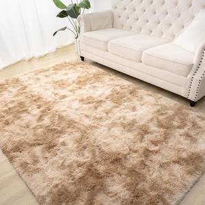 Terrug Fluffy Area Rug for Living Room, Tie-Dyed Beige 5x8 Ft Throw Rug for Bedroom Kids Room, Ultra-Soft Plush Washable Carpet with Non-Slip Rubber Backing, Cozy Floor Decoration