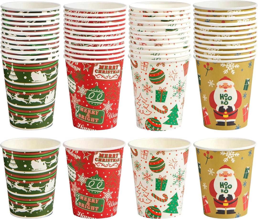JOYIN 48 PACK Christmas Cups Disposable, 9 oz Paper Cups Holiday Winter Style Designs for Hot Chocolate Coffee & Tea, Xmas Party Drinkware, Party Supplies