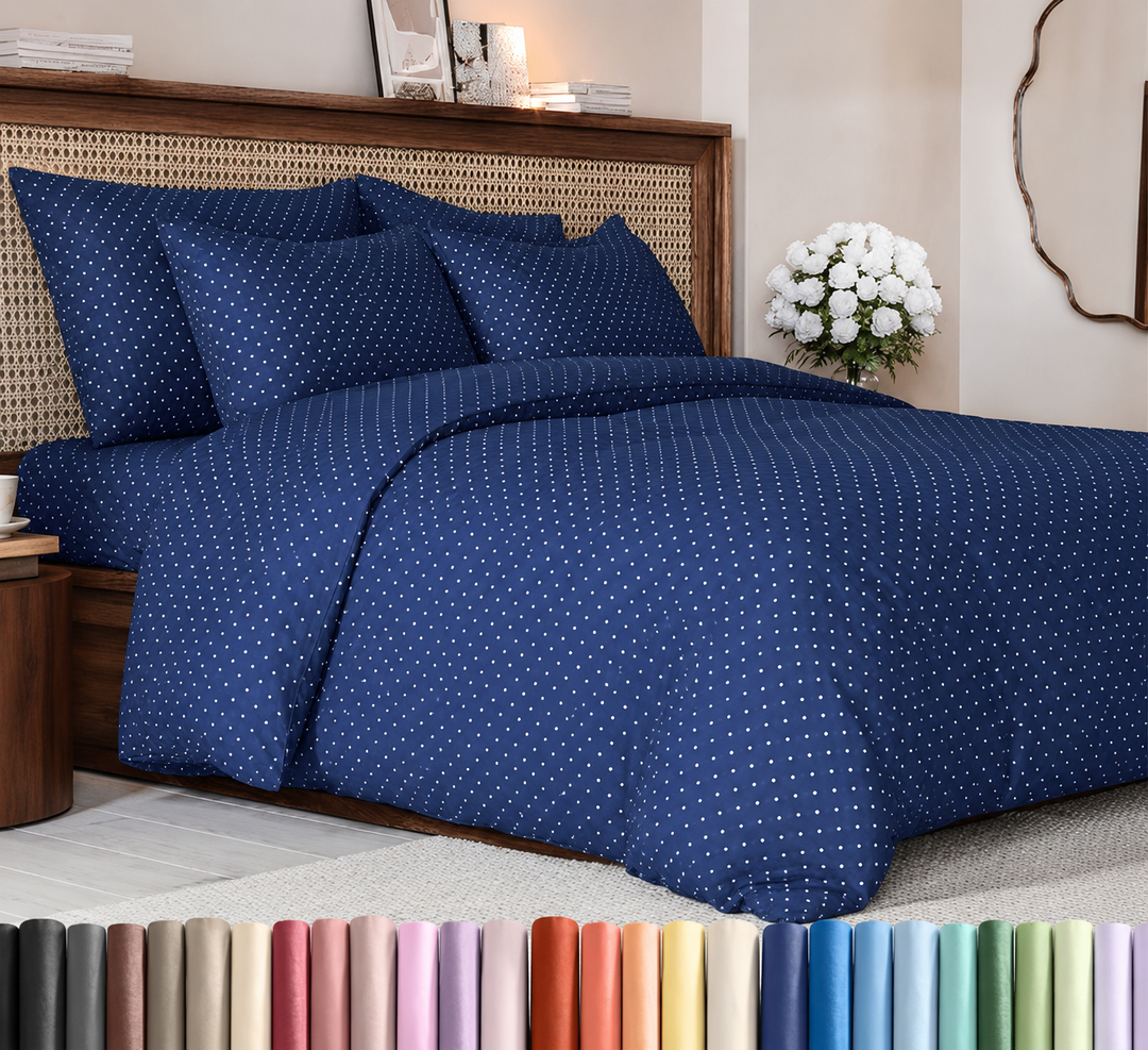 Duvet Cover Queen Size Set - Extra Soft Queen Duvet Cover 90" x 90" with 2 Pillow Shams - Hotel Luxury, Easy Care & Fade Free w/Zipper Closures & Ties - All Season, Comfy and Breathable (Navy Blue Poka Dot)