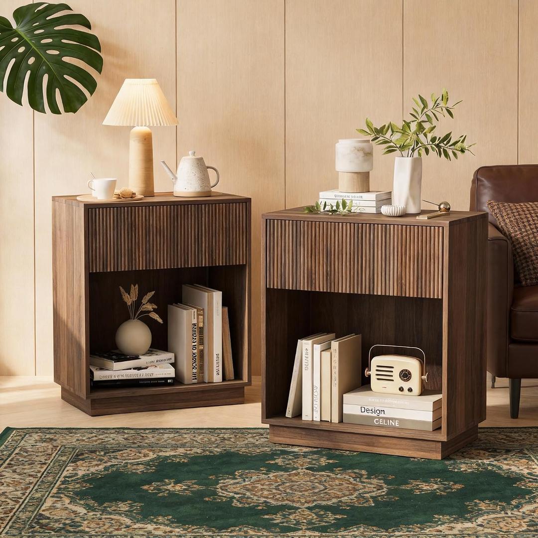 Fluted Nightstands Set of 2, Modern Bedside Table with Storage Drawer and Open Wood Shelf, Wood End Table Mid Century Night Stands for Bedroom Living Room Sofa Couch Office Walnut Brown, 24 inches x 19 inches x 12 inches