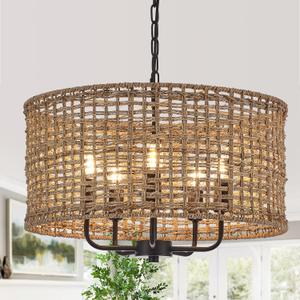 Hand-Woven Rattan Chandelier Vintage Farmhouse Boho Bamboo Chandeliers Light Fixture Rustic Retro 5-Lights Drum Wicker Rattan Black Chandelier for Dining Room, Kitchen, Living Room, E12 (Black 19.7")