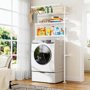 ULIFHOME U17 Wall-Mounted Over The Washer Dryer Shelves Without Moving Machines, Laundry Room Rack with Adjustable Shelves and Hanger Rod, 35" W x 22" D x 86.2" H, Holds 352 lbs, White