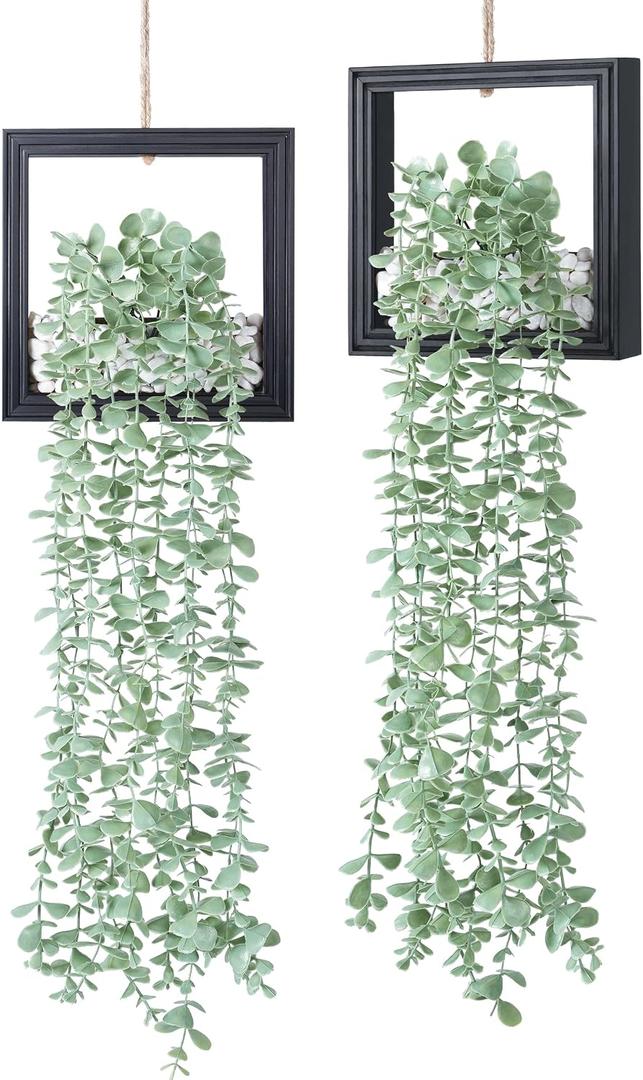 2 Pack Fake Plants Hanging, Artificial Eucalyptus Vines in Square Wooden Frame with Glow Accents, Boho Wall Decor for Office Living Room Bathroom Bedroom Kitchen, 7.8 inch, Black