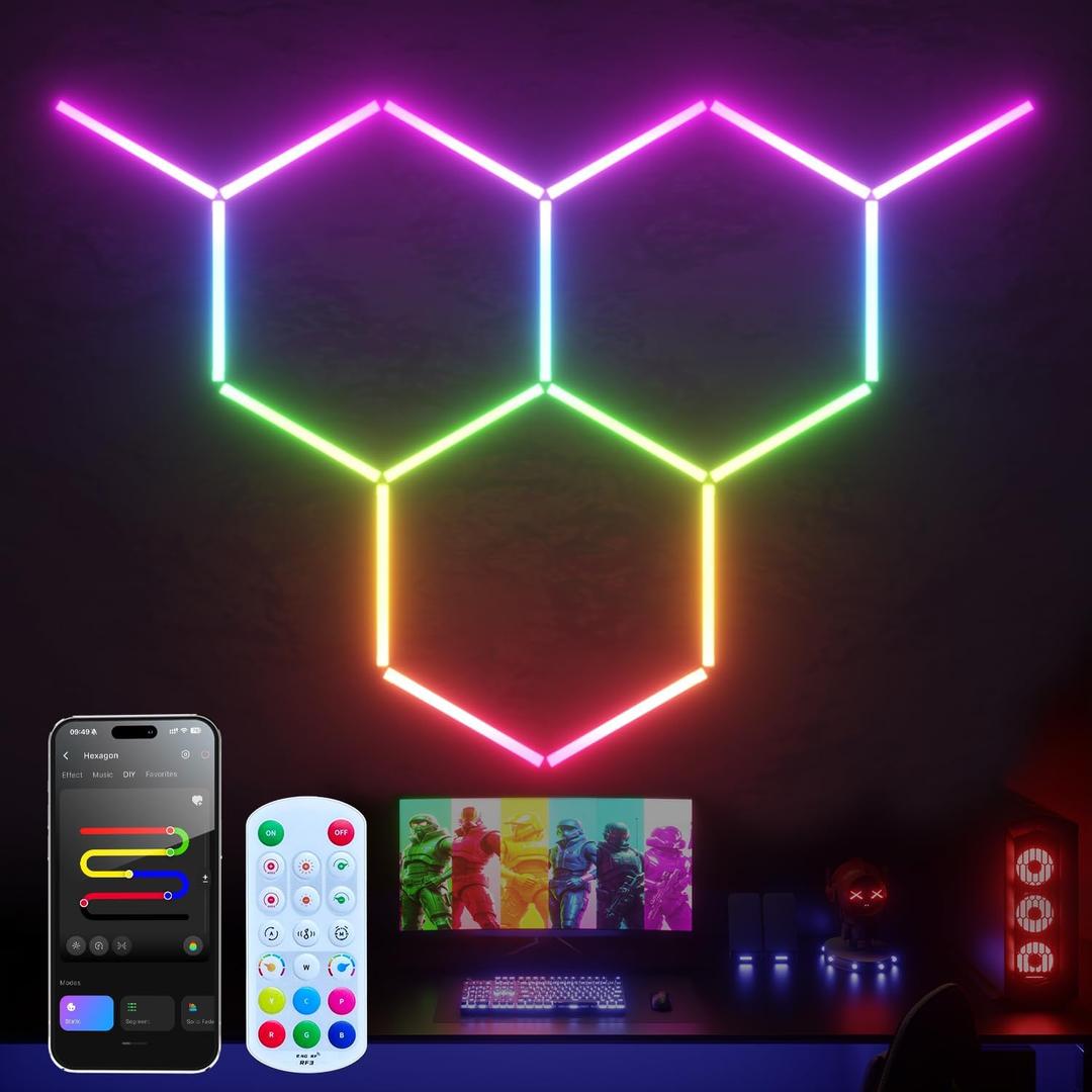 RGB Hexagon Lights 3 Grids, Hexagon Garage Lights with Music Sync Mode, App & Remote Control Honeycomb Lights for Gym Studio Basement Shop Exhibition