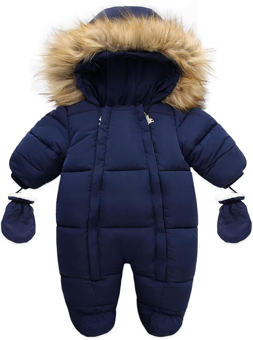 Baby Girl Boy Snowsuit Cute Down Jacket Hooded Romper Light Puffer Padded Jumpsuit Infant Winter Outwear (0-6 Months, Blue)