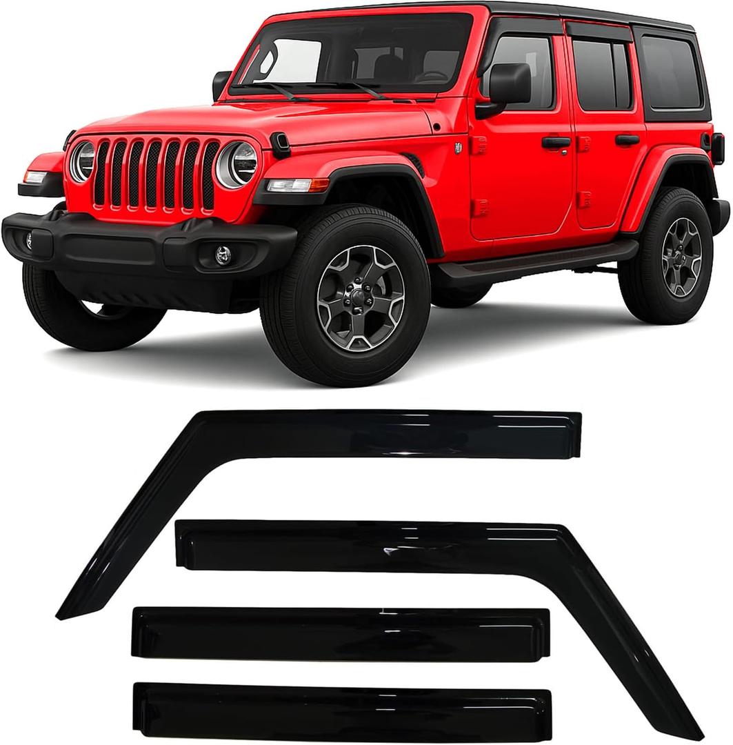 2018-2026 Tape-On Side Window Deflector Visors for Jeep Wrangler JL Unlimited 4 Door & for Jeep Gladiator JT 2020-2026 Smoke Tinted Rain Guards