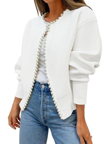 ZESICA Women's Open Front Cardigan Sweater 2026 Spring Casual Knitted Long Sleeve Pearls Trim Outerwear Coat Trendy Clothes White Medium