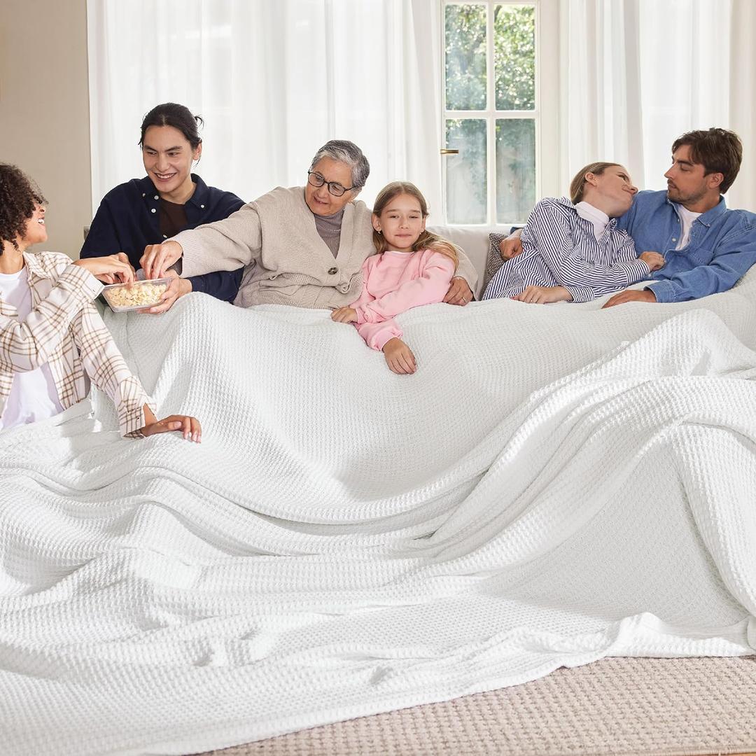Bedsure Gentlesoft 100% Cotton Big Blanket Oversized King for Bed - Large Breathable Thick Cooling Waffle Weave Blanket for Summer, Couch Cover, White, 120x94 inches