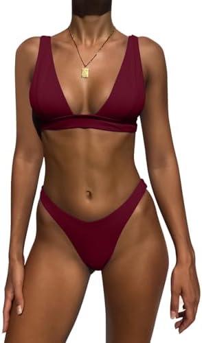 Bathing Suits for Women Deep V Neck Sexy Two Piece Bikini Sets for Women Thong Halter Cheeky Swimsuit, Small