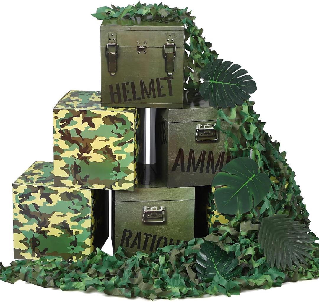 19 Pcs Camo Boxes Decor Army Party Decorations Including Camo Boxes Camo Netting and Palm Leaves for Hunting Military Army Military Enthusiasts Jungle Camo Party Birthday Party Supplies