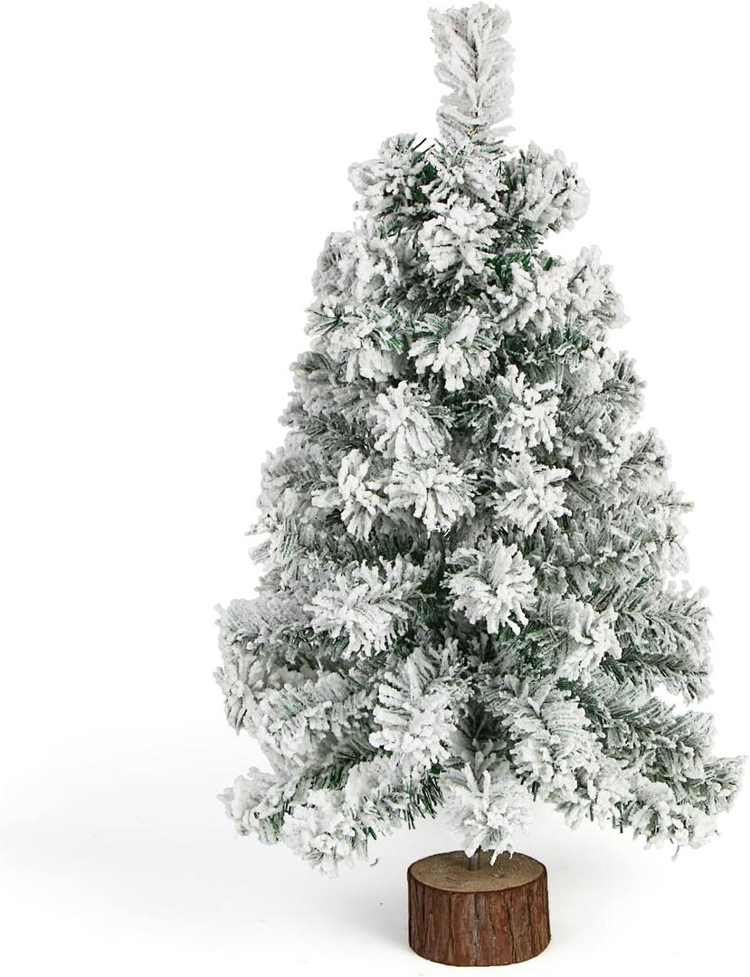 CCINEE Table Top Artificial Christmas Tree, 2 Ft Small Mini Green Xmas Tree with Flocking Snow Frost and Wooden Stand for Porch Coffee Table Centerpiece Arrangements Home Office Holiday Decor