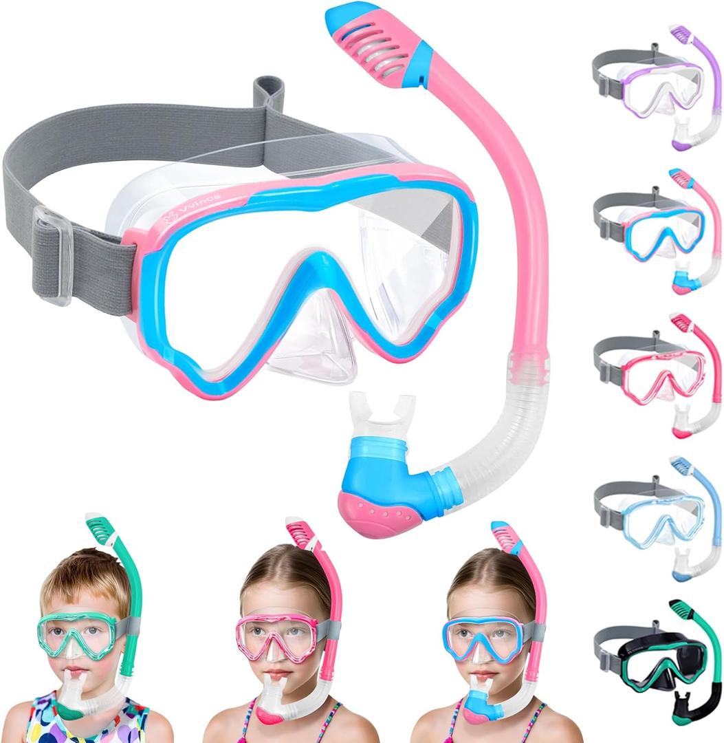 Vvinca Snorkel Set for Kids 3-14, Dry Top Snorkeling Gear for Boys Girls Youth, Panoramic View Swim Goggles with Nose Cover & Anti-Fog Lens, Junior Scuba Diving Mask with Adjustable Soft Fabric Strap (F-Pink Blue)