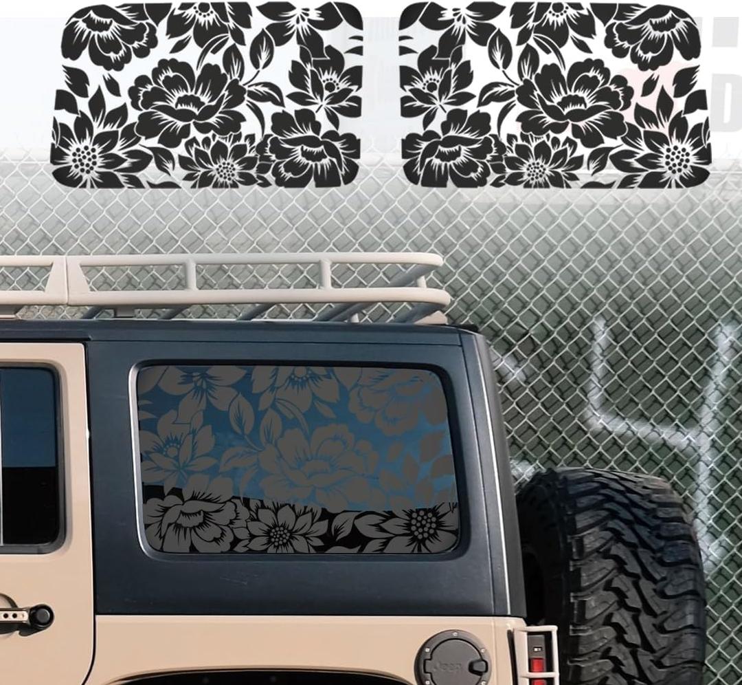 Floral Flower Print Rear Window Decals Fit 2018-2023 Wrangler 4 Door JLU Rear Quarter Window 2018 2019 2020 2021 2022 - Flowers Floral Decal Sticker Vehicle Vinyl Matte Black(4 Door only)