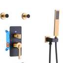 Shower Faucet Set Black and Brushed Gold Shower System Wall Mounted 4 Functional Shower Complete Combo Set with Shower Head, Handheld Shower Head, Waterfall Tub Spout, 2 pcs Shower Hooks