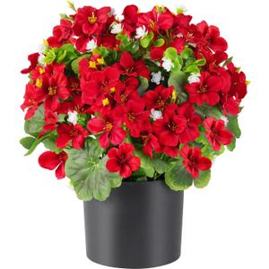 14'' Fake Plants Artificial Geraniums Flowers in Pot for Home Garden Indoor Outdoor Christmas Spring Summer Decorations (Red)