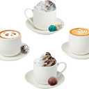 Espresso Cups Set of 4 with Matching Saucers  4 oz White Porcelain Demitasse Cups for Italian, Turkish, or Lungo Coffee  8-Piece Set